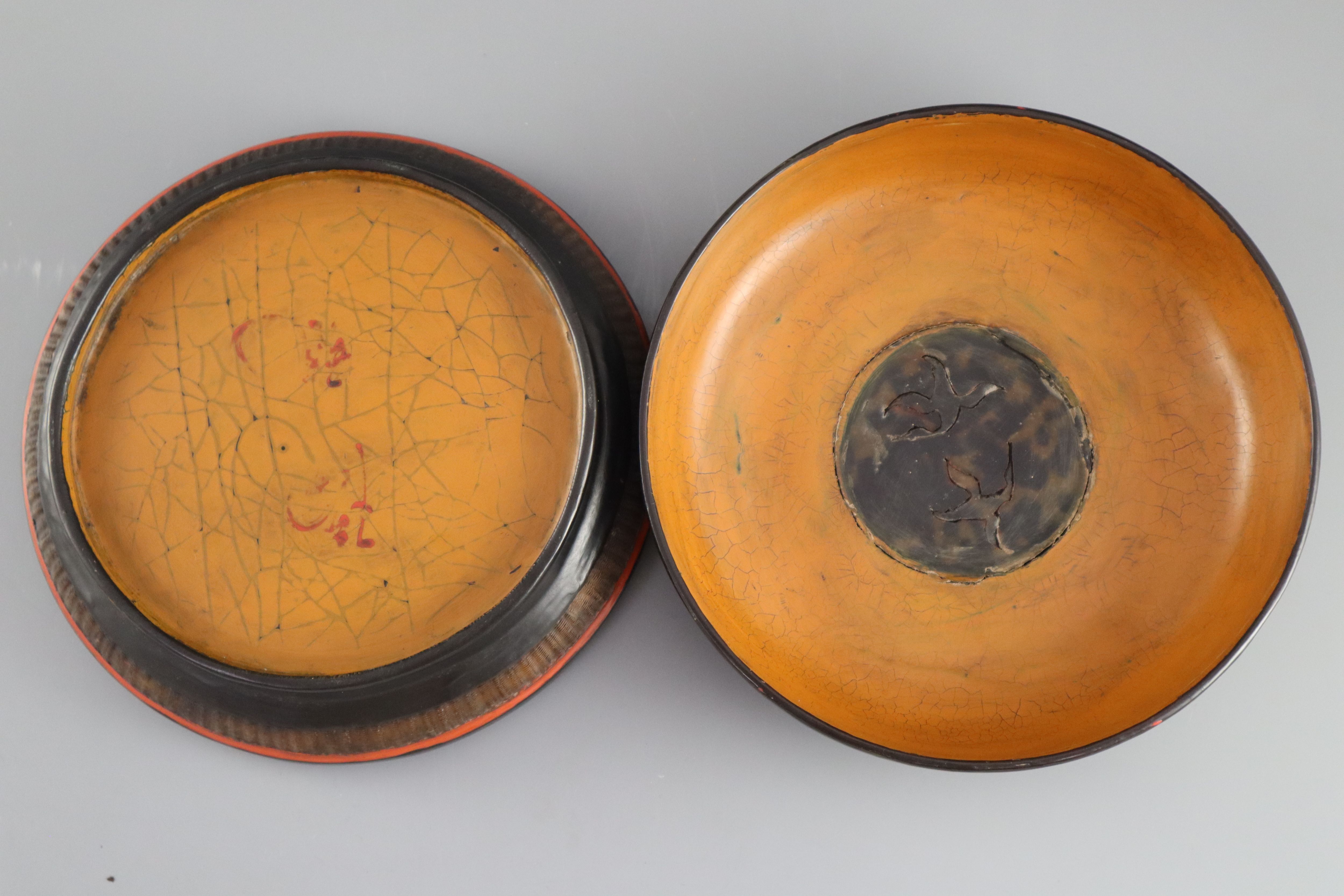 A Southern Chinese lacquer and basket weave box, 18th/19th century, with carved tortoiseshell roundel to the cover, 20.5cm diameter